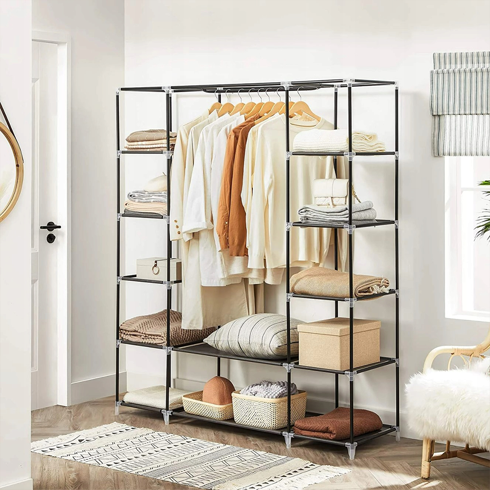 Armoire textile modulable 170 x 45 x 175 cm avec 14 étagères et 2 tringles – grande armoire-penderie avec structure en métal