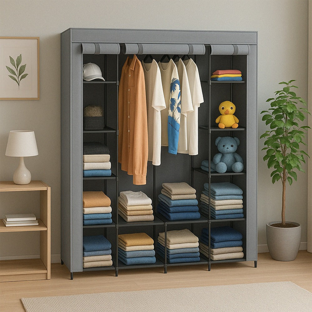 Armoire textile modulable 170 x 45 x 175 cm avec 14 étagères et 2 tringles – grande armoire-penderie avec structure en métal