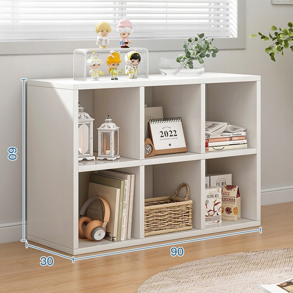 Étagère blanche à 6 compartiments – 90 x 30 x 60 cm, au design moderne.