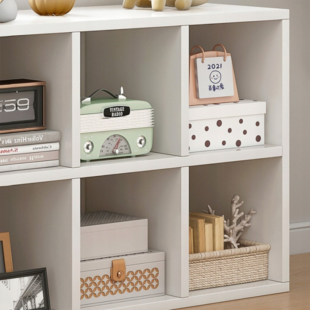 Étagère blanche à 6 compartiments – 90 x 30 x 60 cm, au design moderne.