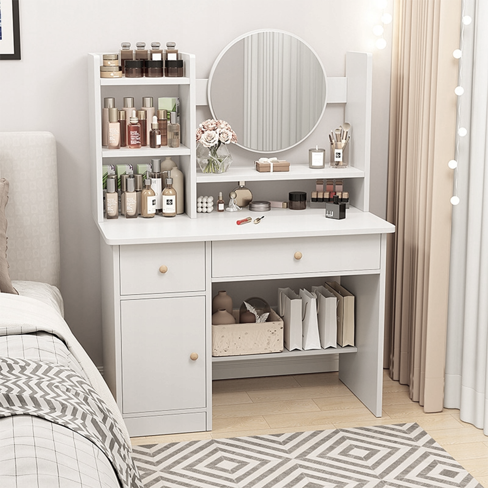 Coiffeuse blanche avec miroir, 80 x 34 x 125 cm – Meuble élégant et compact pour le maquillage et le rangement