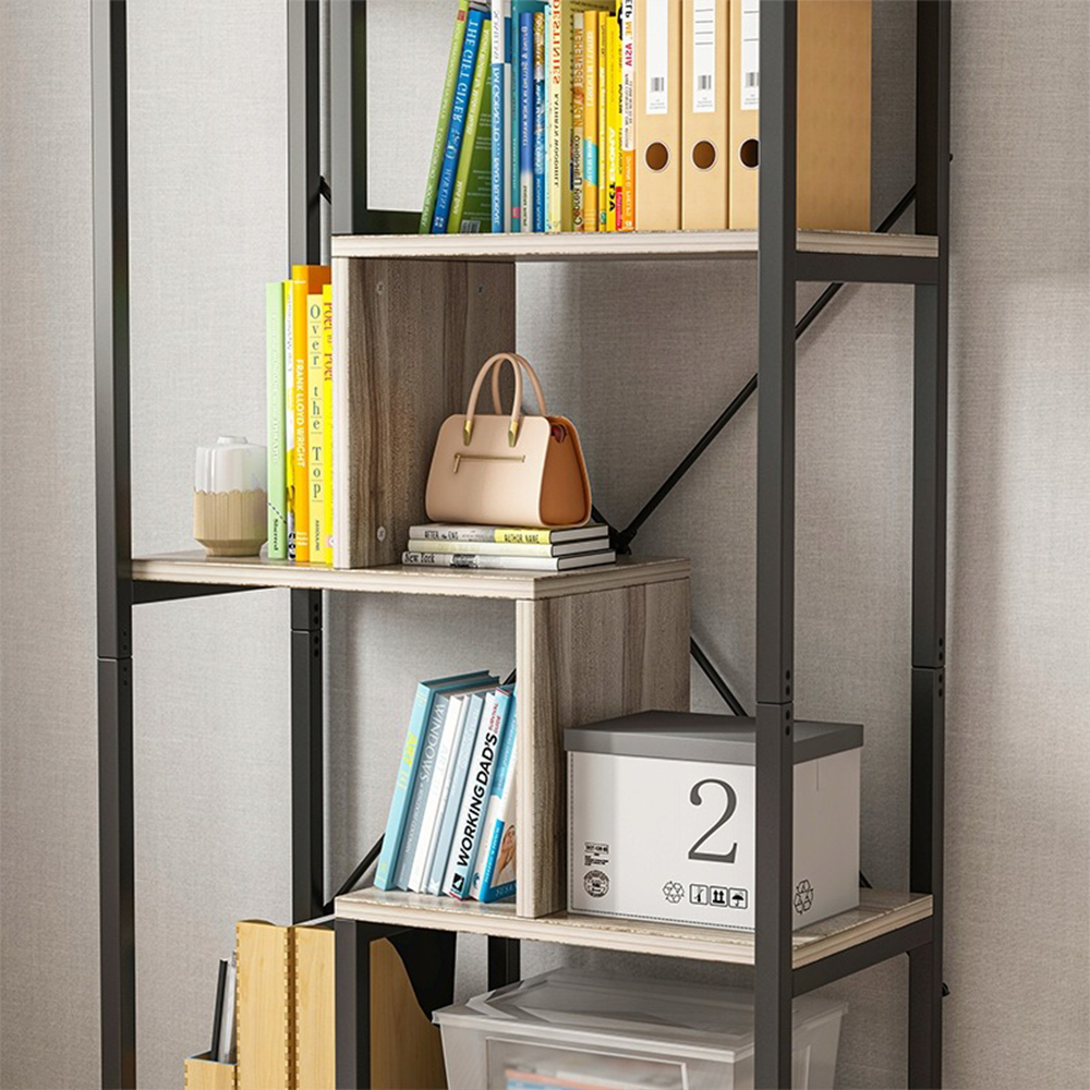 Bibliothèque de style industriel avec 8 étagères – 132x74x35 cm | Noir & bois | Design loft moderne