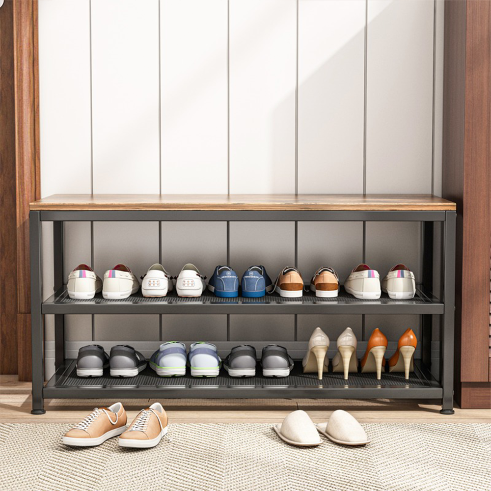 Meuble à chaussures avec assise 73x45x30 cm – Style industriel loft, métal + MDF, brun rustique