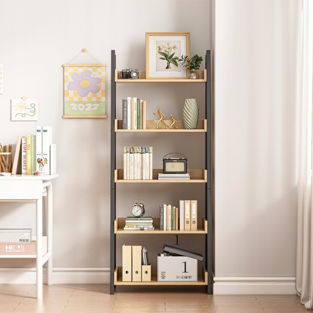 Étagère escalier 158x63x30 cm – Style loft en chêne clair et noir avec 5 étagères