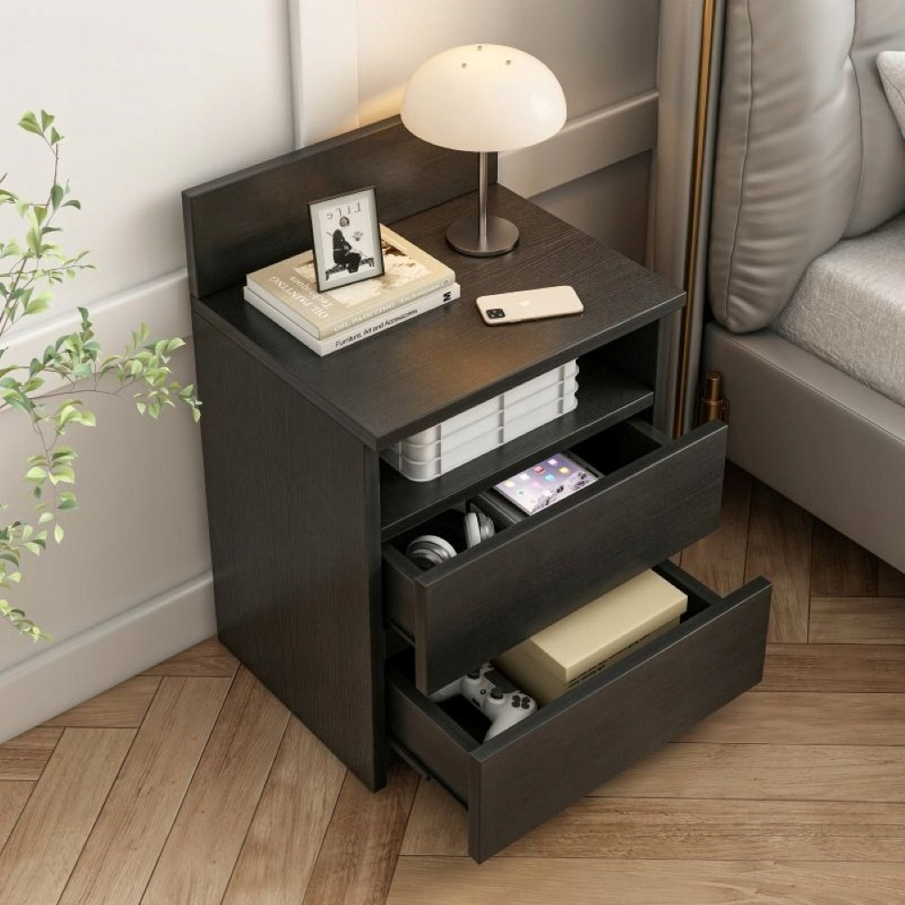 Table de chevet noire avec 2 tiroirs, 40 cm – style loft moderne, en MDF