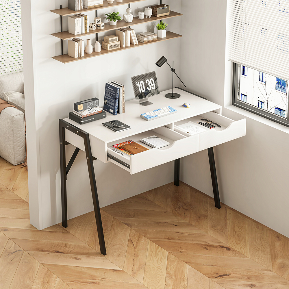 Bureau moderne blanc mat avec tiroirs et pieds en métal noir – 80x40x90 cm