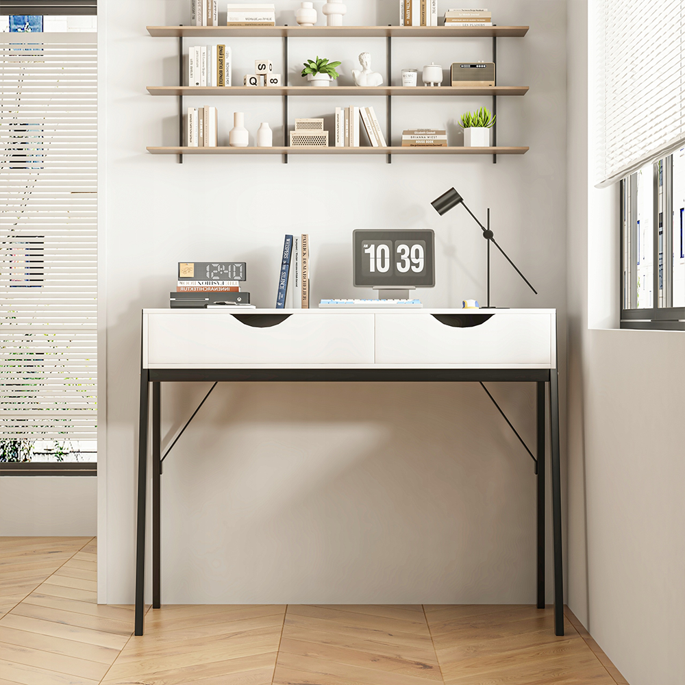 Bureau moderne blanc mat avec tiroirs et pieds en métal noir – 80x40x90 cm