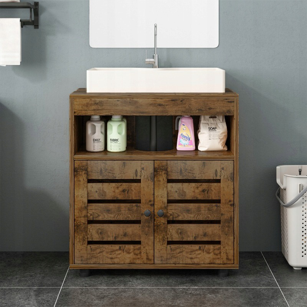 Meuble sous lavabo – 60 cm, brun rustique, avec étagères et portes