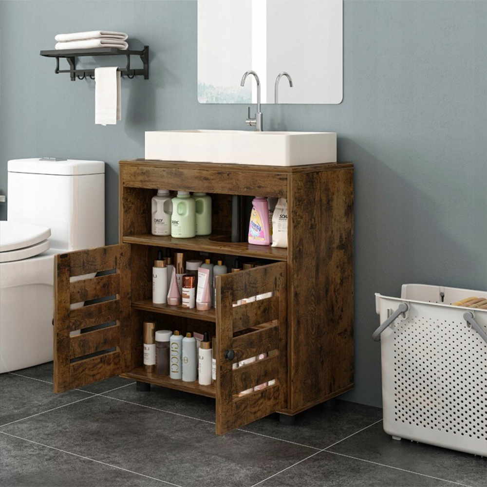 Meuble sous lavabo – 60 cm, brun rustique, avec étagères et portes