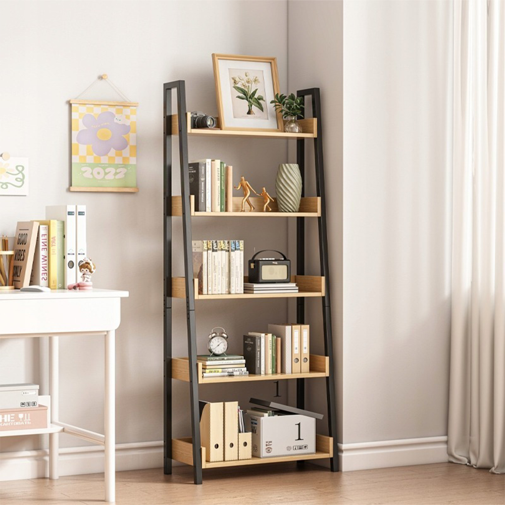 Étagère escalier 158x63x30 cm – Style loft en chêne clair et noir avec 5 étagères