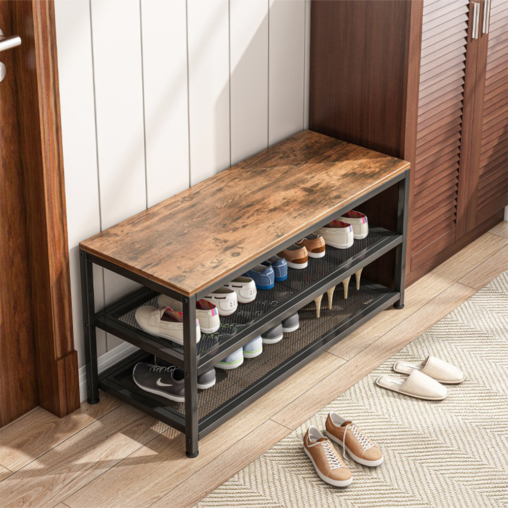 Meuble à chaussures avec assise 73x45x30 cm – Style industriel loft, métal + MDF, brun rustique