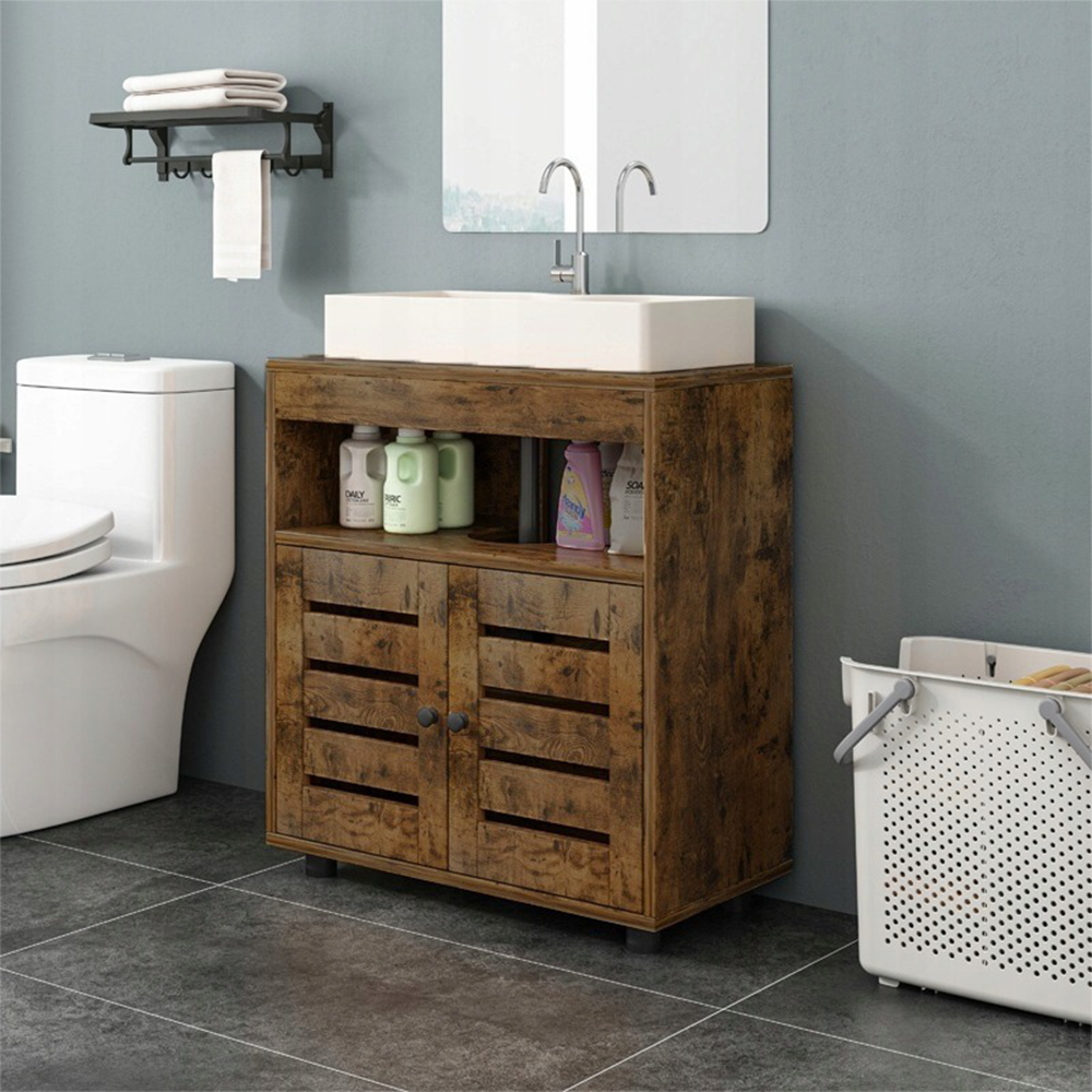 Meuble sous lavabo – 60 cm, brun rustique, avec étagères et portes