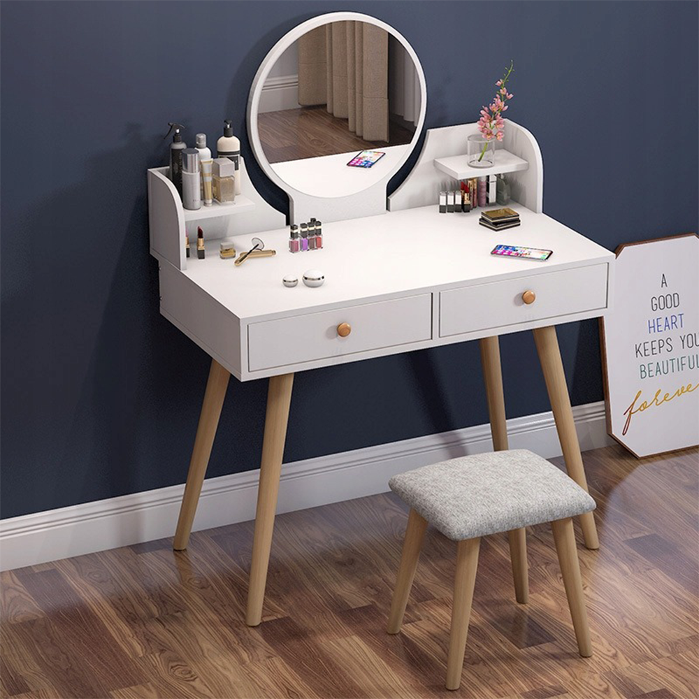 Coiffeuse blanche avec miroir et tiroirs – style scandinave et rangement pratique