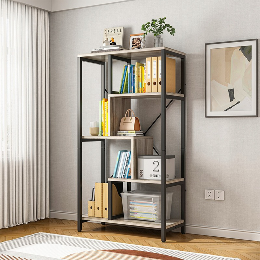 Bibliothèque de style industriel avec 8 étagères – 132x74x35 cm | Noir & bois | Design loft moderne