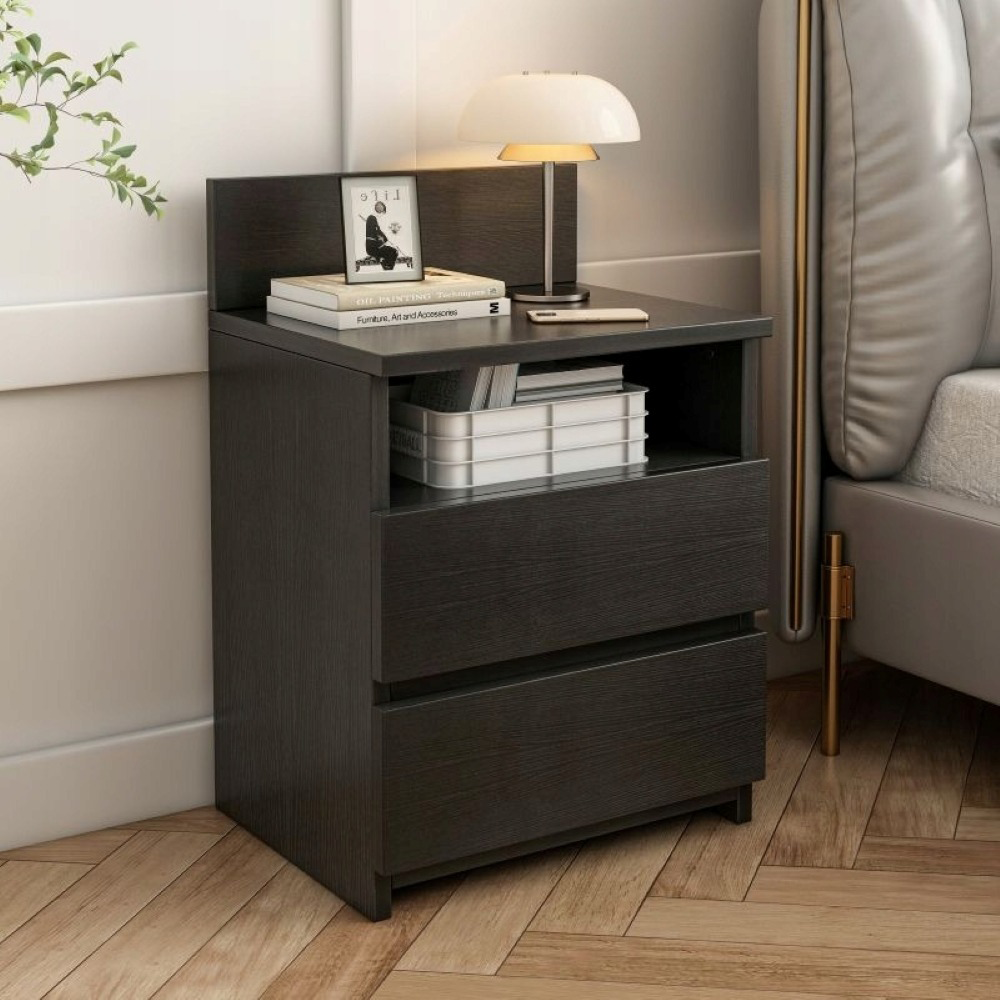 Table de chevet noire avec 2 tiroirs, 40 cm – style loft moderne, en MDF