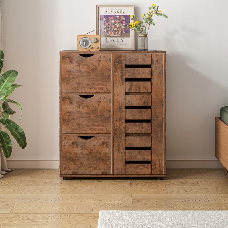 Commode rustique avec 4 tiroirs et espace de rangement derrière une porte à persiennes – 80 x 40 x 100 cm