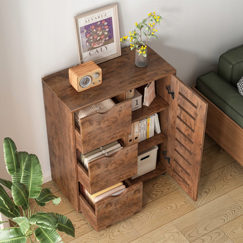 Commode rustique avec 4 tiroirs et espace de rangement derrière une porte à persiennes – 80 x 40 x 100 cm