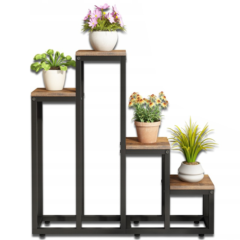 Étagère à plantes à 4 niveaux – support rustique pour fleurs et pots de fleurs